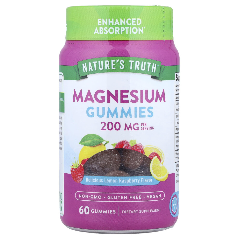 Фото - Вітаміни й мінерали Nature's Truth, Wzmocniona Absorpcja Magnezu, Naturalny Lemon Raspberry, 200 mg, 60 Guma wegetariańska (67 mg na Guma)