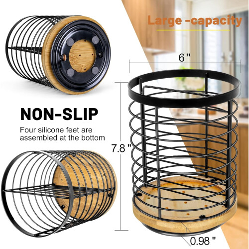 Suporte para utensílios de cozinha com base giratória de bambu. 1