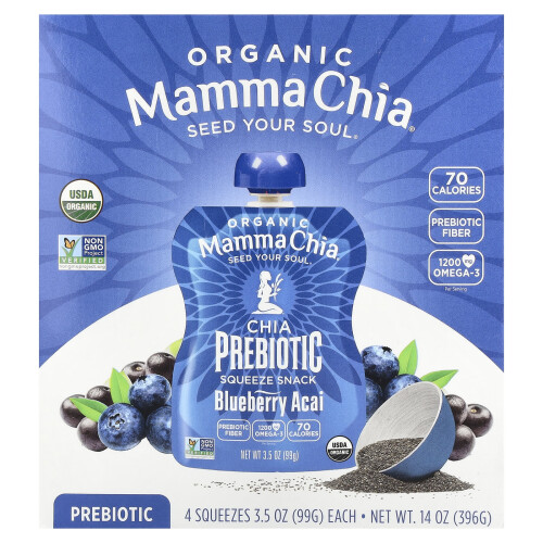 Mamma Chia, Chia Orgânica Prebiótica, Açaí Morango, 4 Squeezes, 3,5 oz (99 g) Cada