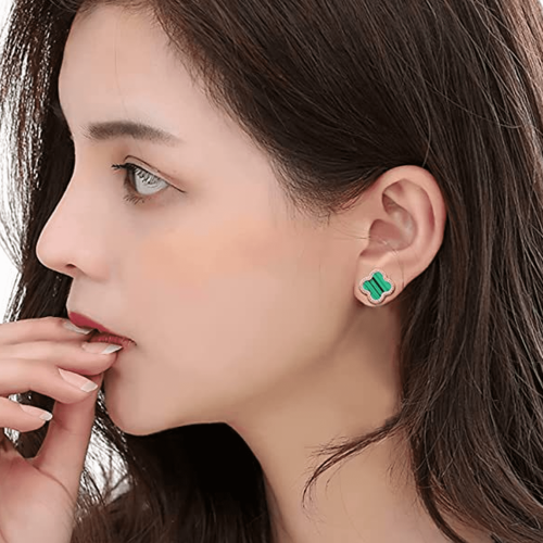 18K Gold Plated Clover Stud Earrings Green 1