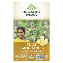 Organic India, Té de Tulsi Limón y Jengibre, Sin Caffeína, 18 Bolsas de Infusión, 1.27 oz (36 g)