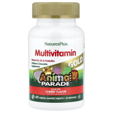 NaturesPlus, Animal Parade Gold, Barnbaserad Multivitamintillskott, Cherry, 60 Djurformade Tabletter