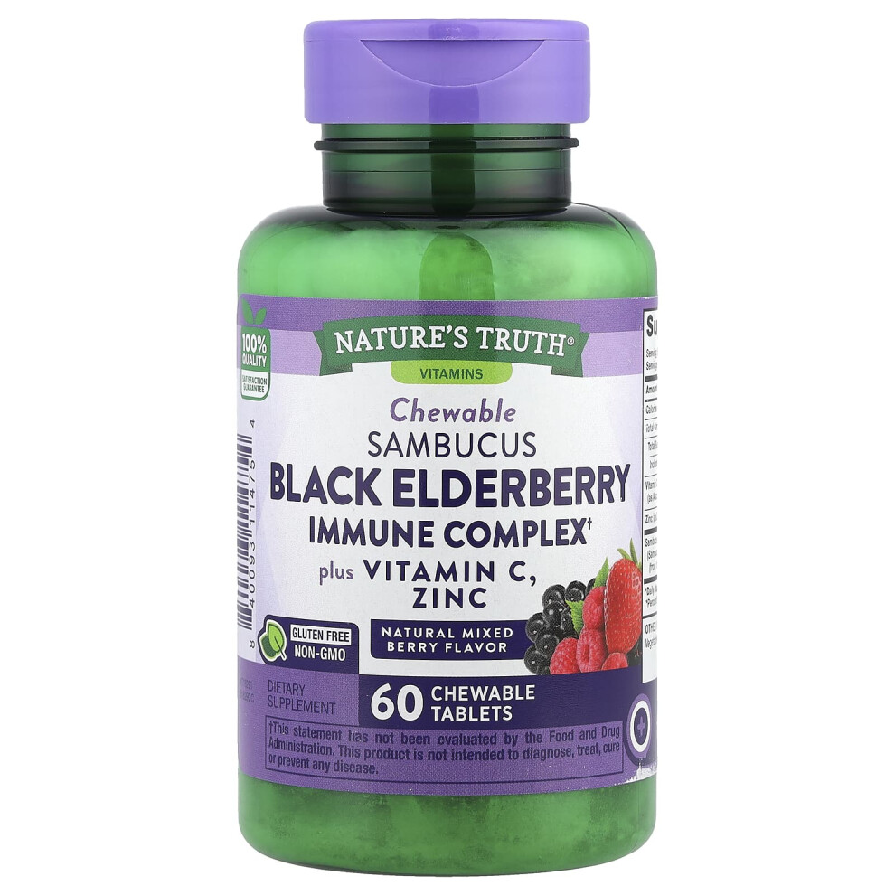 Nature's Truth Black Sambucus Elderberry Immune Complex Plus Vitamin C & Zinc, Natural Mixed Berry, 60 Chewable Tablets