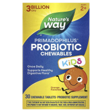 Nature's Way, Primadophilus, Dziecięcy probiotyk w postaci żucia, Wiek 2+, Smak pomarańczowy, 3 mld CFU, 30 tabletek do żucia