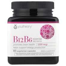 Youtheory B12 B6, Podstawowe Dzienne Witaminy, 1 000 mcg, 60 kapsułek roślinnych