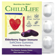 ChildLife Essentials, Kinderen, Elderberry Super-Immune Zachte Kauw Gummies, Natuurlijke Berry, 27 Tabletten