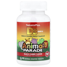 NaturesPlus, Animal Parade, Vitamina D3, Fără Zahăr, Cireș negru, 500 IU, 90 Tablete în Formă de Animal