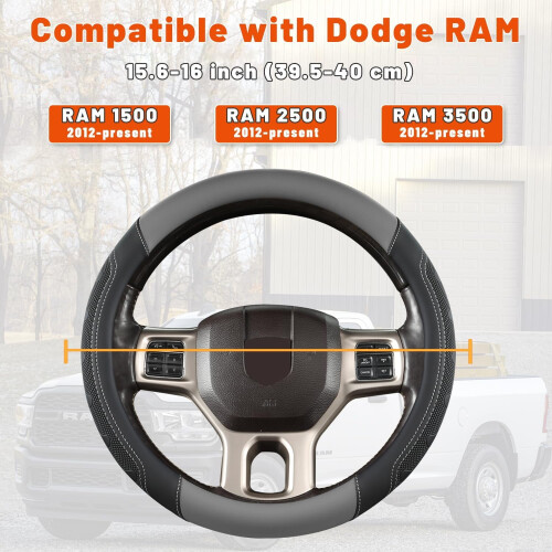 Capa de volante JINYUN para RAM 1500, 2500 e 3500, compatível com Dodge RAM de 15,5 a 16 polegadas - Preto + Cinza 2