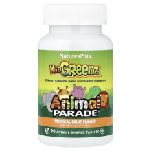 NaturesPlus, Animal Parade, Kid Greenz, Children's Chewable Green Food Dietary Supplement, Tropical Fruit, 90 Animal-Shaped Tablets