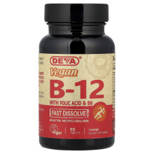 Deva, Wegegetariański B12 z Kwasem Folijnym & B6, Fast-Dissolve, 90 Tablets
