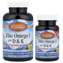 Carlson, Elite Omega-3 Plus D & K, Natürliche Zitronen-Aroma, 60 + 30 Free Weichgel-Kapseln