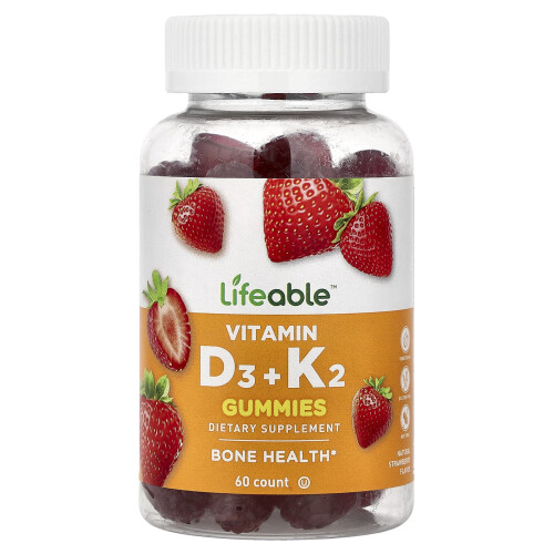 Lifeable, Vitamiini D3 + K2 Gummies, Luonnollinen Strömbärri, 60 Gummies