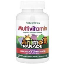 NaturesPlus, Animal Parade, Dziecięcy multivitamin w formie żucia, Truskawka, winogrona i pomarańcza, 180 tabletek w kształcie zwierząt