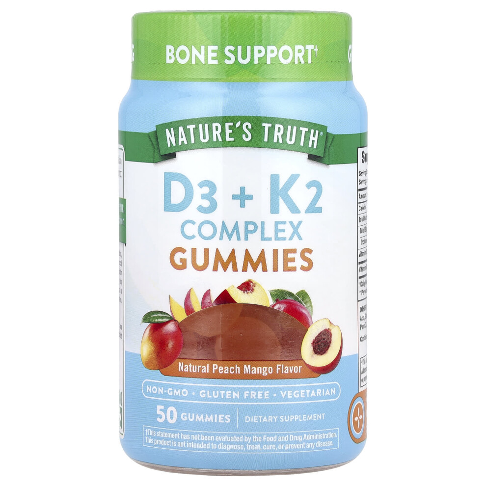 Nature's Truth Peach Vitamins, D3+K2 Calcium, Natural Mango, 50 Vegetarian Gummies
