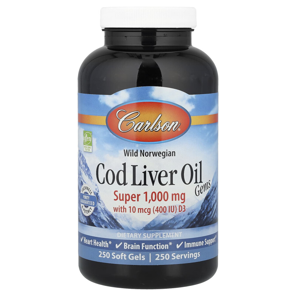 Carlson (250 Softgels) Cod Liver Oil Gems 1000 Mg Softgels With Vitamin D3