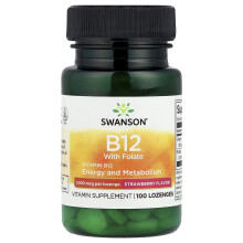 Swanson, Witamina B12 z folianem, Strawberry, 1 000 mcg, 100 lepkowatych tabletek