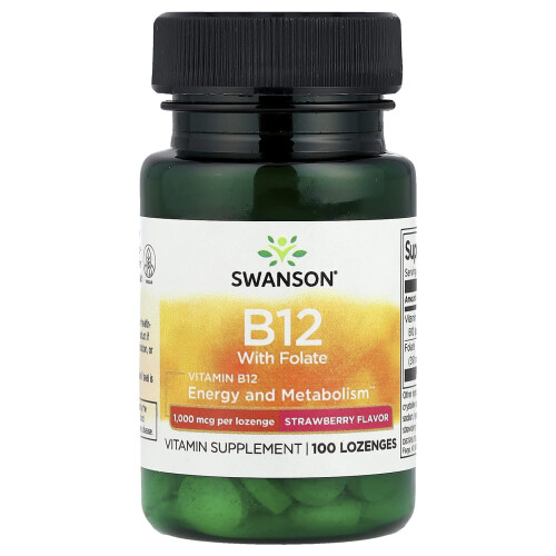 Swanson, Vitamina B12 com Fólico, Morango, 1.000 mcg, 100 Lozenges