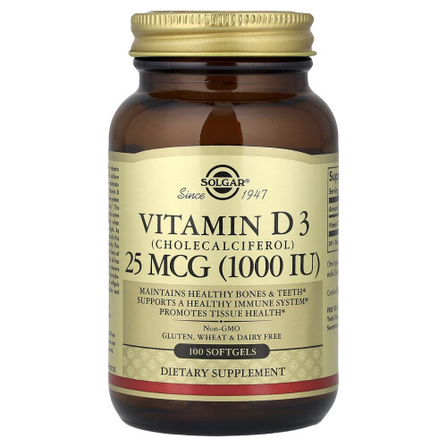Solgar Solgar, Vitamiini D 3 (Cholecalciferol), 25 mcg (1,000 IU), 100 Softgels