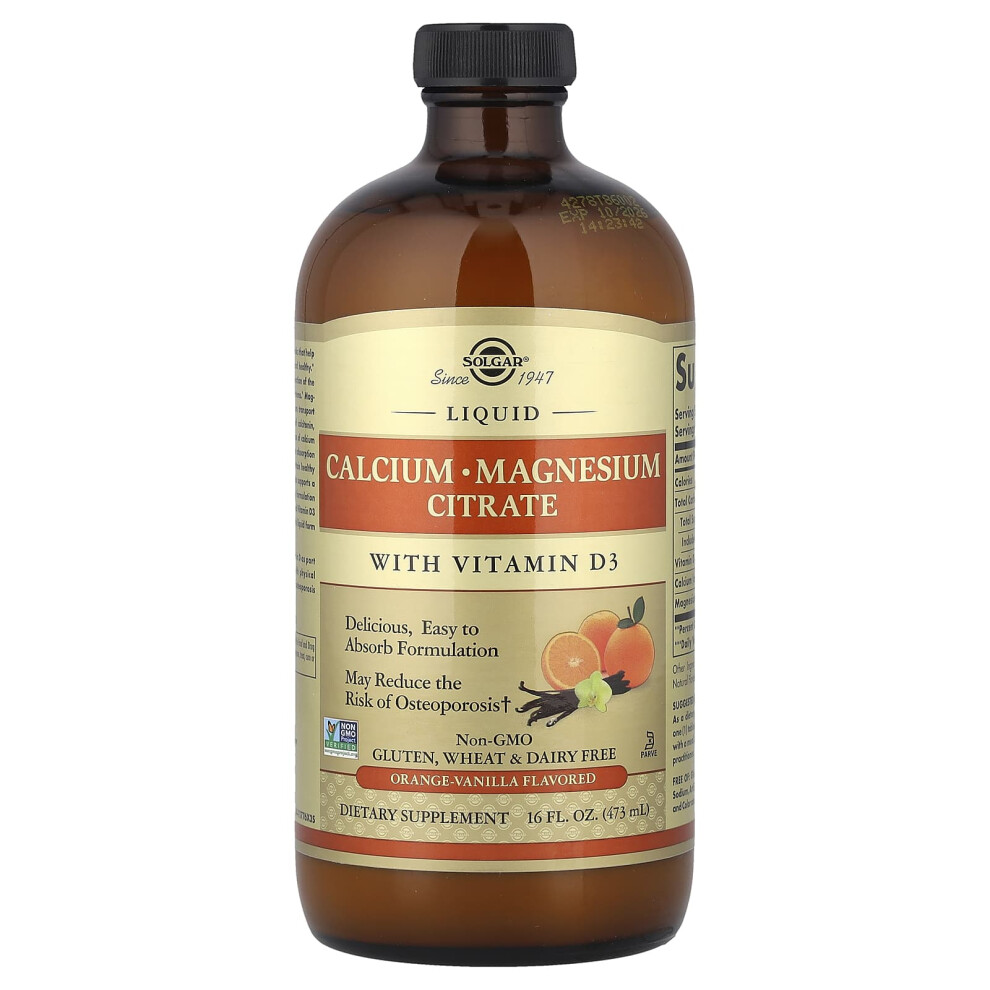 Solgar Liquid Calcium Magnesium Citrate With Vitamin D3, -Vanilla, 16 Fl Oz (473 Ml) Orange