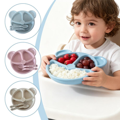Kids wheat straw divided plate set with spoon and fork bear 2