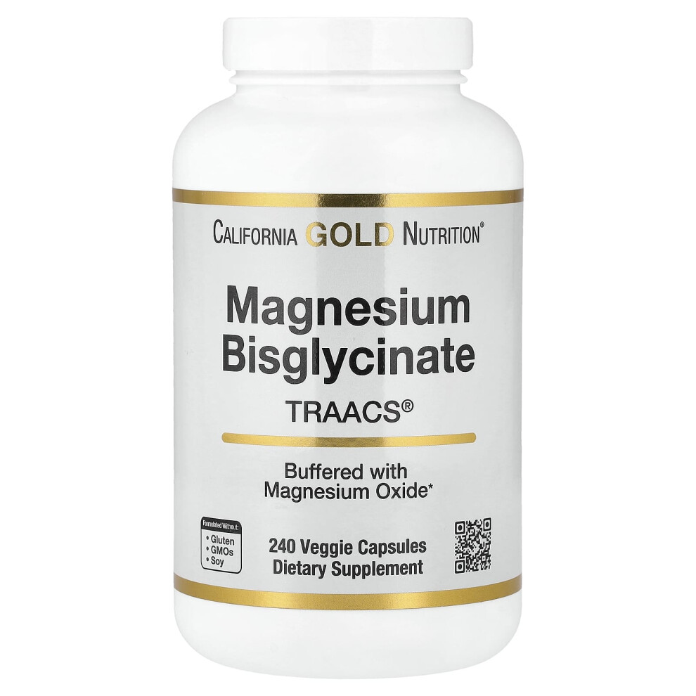 Фото - Вітаміни й мінерали California Gold Nutrition , Magnezat Bisglicynian, Formulowany z TRAACS, 200 mg, 240 Veggie Capsułek  (100 mg na Capsułkę)