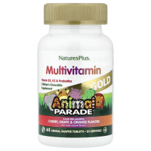 NaturesPlus, Animal Parade Gold, Dziecięcy Dodatek Żwawny, Wiśnia, Gruszka & Pomarańcza, 60 Tabletek w Kształcie Zwierząt