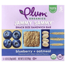 Plum Organics, Jammy Sammy, Snack Koko Sandwich Bar, 15 Kuukautta & Ylöspäin, Blueberry & Oatmeal, 5 Baria, 1.02 oz (29 g) Kunkit