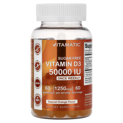 Vitamatic, Ασθενής από Ζάχαρη Βιταμίνη D3, Φυσική Πορτοκαλιά, 1,250 mcg (50,000 IU), 60 Γλυκίσματα