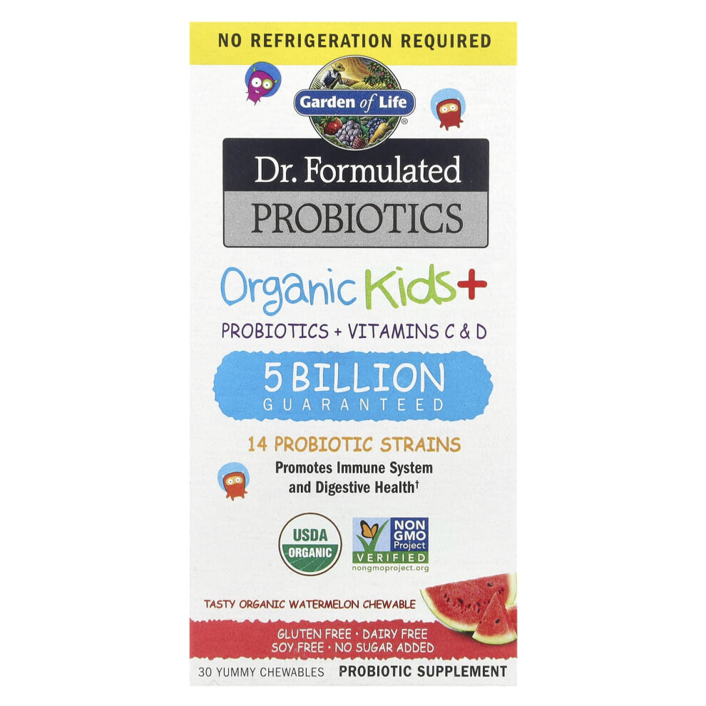 Garden Of Life (Organic Watermelon) Kids Probiotic Organic Chewable - With Vitamin C & D - 30 Count