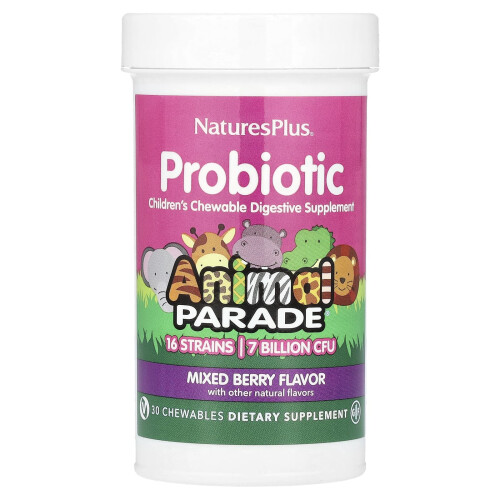 NaturesPlus, Probiotice, Supliment Digestiv Masticabil pentru Copii, Mixed Berry, 30 Bucăți