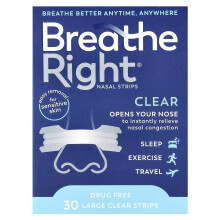 Breathe Right, Nasala Strips, Klar För Känslig Hud, Stor, 30 Klar Strips