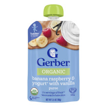 Gerber, Orgânico para Criança, 12+ Meses, Banana, Morango & Iogurte com Baunilha, 3.5 oz (99 g)