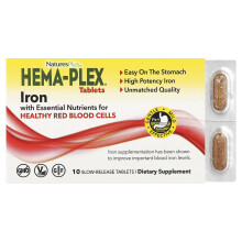 NaturesPlus, Hema-Plex, Iron cu Nutrienți Esențiali pentru Celulele Sanguine Roșii Sănătoase, 10 Tablete de Eliberare Lentă