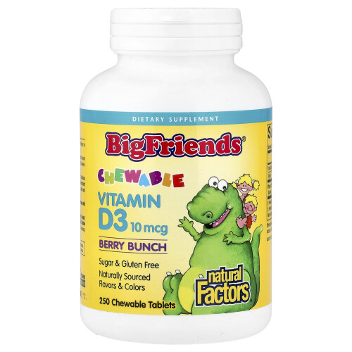 Natural Factors, Big Friends, Eetbaar Vitamine D3, Berry Bunch, 10 mcg, 250 Eetbare Tabletten