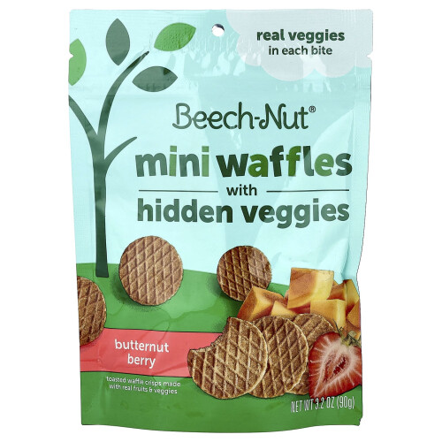 Beech-Nut, Μίνι Γουάφλες με Κρυμμένα Φυτά, 12+ Μήνες, Butternut Μπερί, 3.2 oz (90 g)
