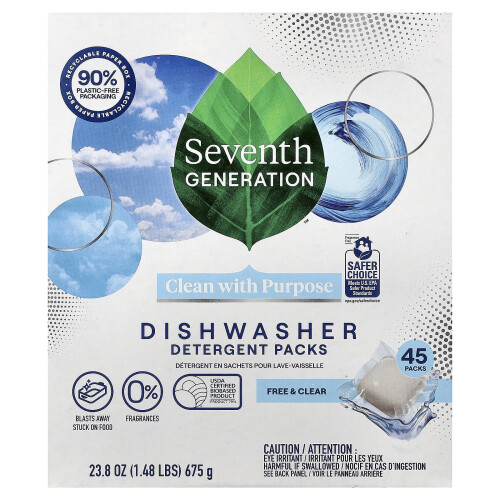 Seventh Generation, Detergente de Louça em Pacotes, Sem Marca D'Água, 45 Pacotes, 23,8 oz (675 g)
