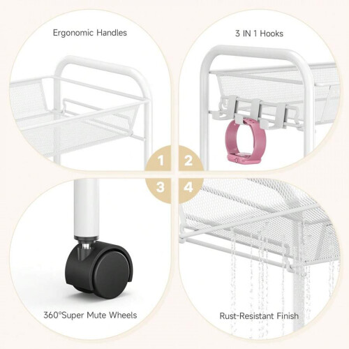 Metal Rolling Cart3-Tier with Mesh Wire and3Hooks 1