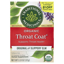 Traditional Medicinals, Ekologisk Throat Coat, Original med Slippery Elm, Kaffeinfri, 16 Wrapped Tea Bags, 1.13 oz (32 g)