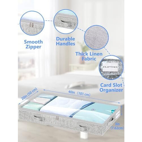 Low Profile Under Bed Storage Bins, 3" High Foldable w/ Lid & Zipper, Clear Top, No Structure, for Low Beds/Cribs/Dorms, 4-Pack 2