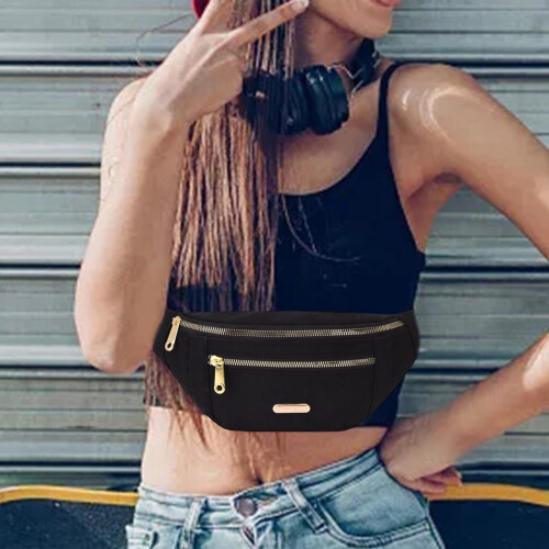 Pochete feminina com alça ajustável e 2 bolsos com zíper, preta. 1