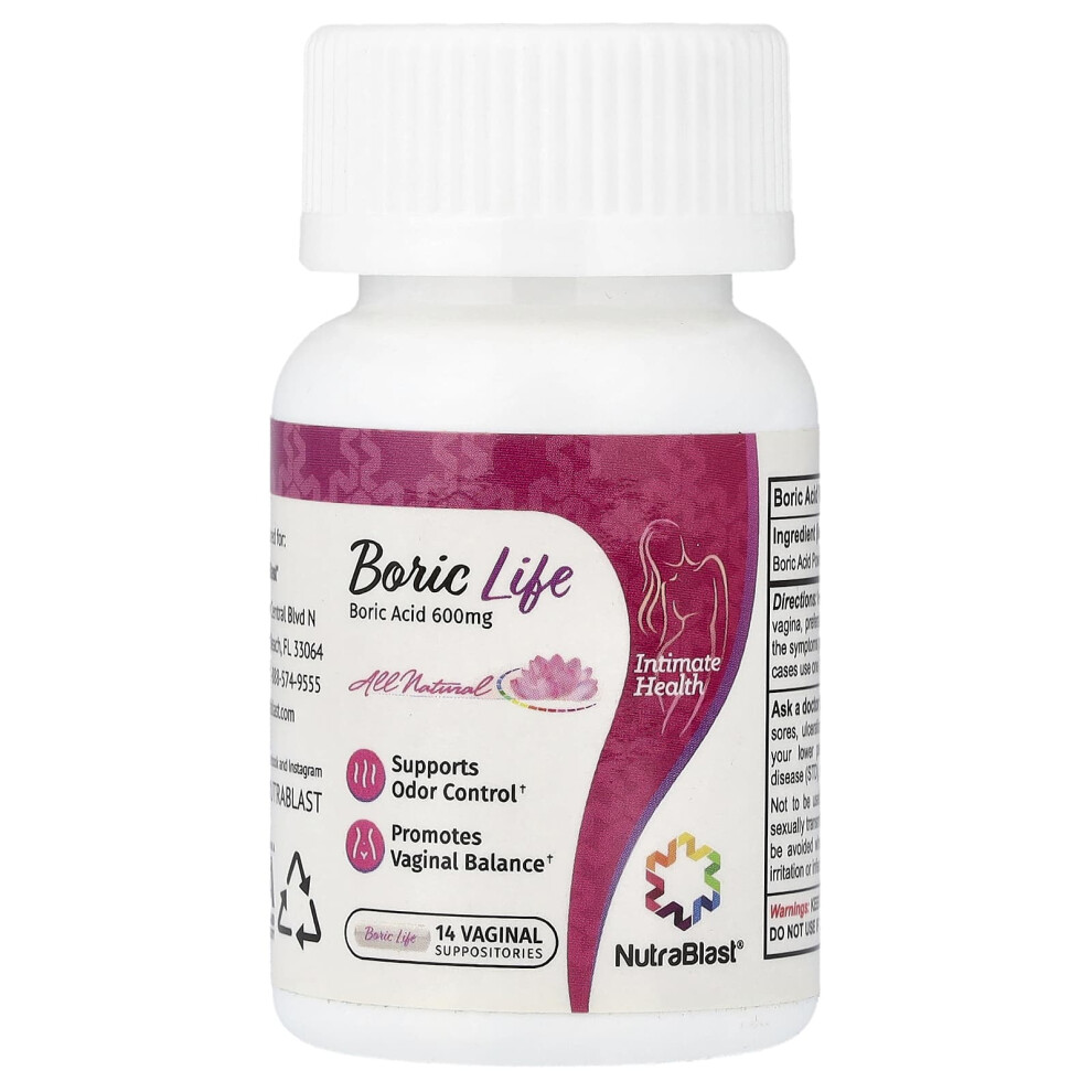 Nutrablast , Boric Life, Boric Acid, 600 Mg, 14 Vaginal Suppositories