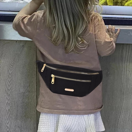 Pochete feminina com alça ajustável e 2 bolsos com zíper, preta. 2