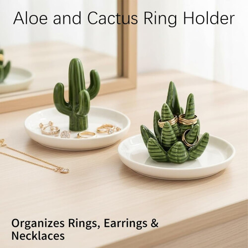Cactus Ceramic Ring Holder with Aloe Design Golden 2