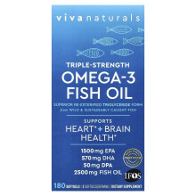 Viva Naturals, Olio di Pesce Omega-3, Triplo Potenza, 180 Cappuccioli (1,250 mg per Cappuccio)