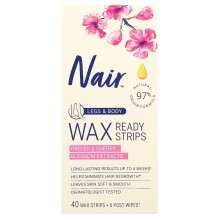 Nair, Wax Ready-Strips, Voor Benen & Lichaam, Orchidee & Kersbloesem Extracts, 40 Wax Strips + 6 Post Wipes