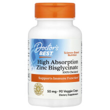 Doctor's Best, Zinco Bisglicinato con Alta Assorbimento, 100% Chelato, 50 mg, 90 Capsule Vegane