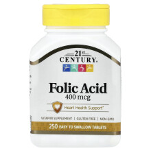 21st Century, Kwas Folicowy, 400 mcg, 250 Tabletek łatwych do Połknięcia