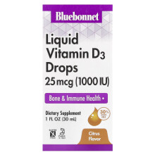 Bluebonnet Nutrition, flüssige Vitamin D3-Tropfen, Zitrone, 25 mcg (1.000 IU), 1 fl oz (30 ml)