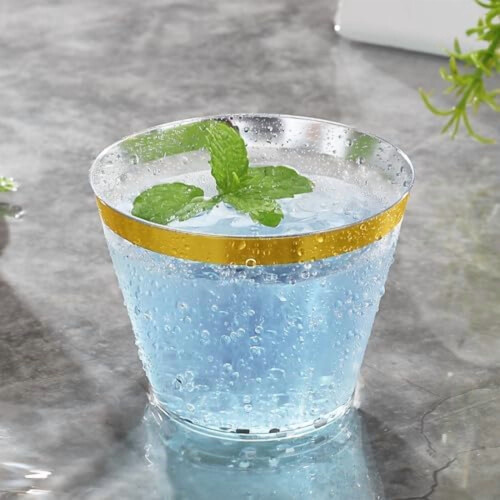 Copos de plástico transparente de 9 oz com borda dourada (100 unidades) 2