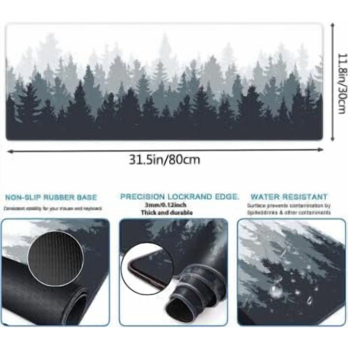 XXL Forest Gaming Mouse Pad, Αντιολισθητική Βάση από Λαστιχένιο Υλικό, Ραμμένες Άκρες, 31,5x11,8", 2
